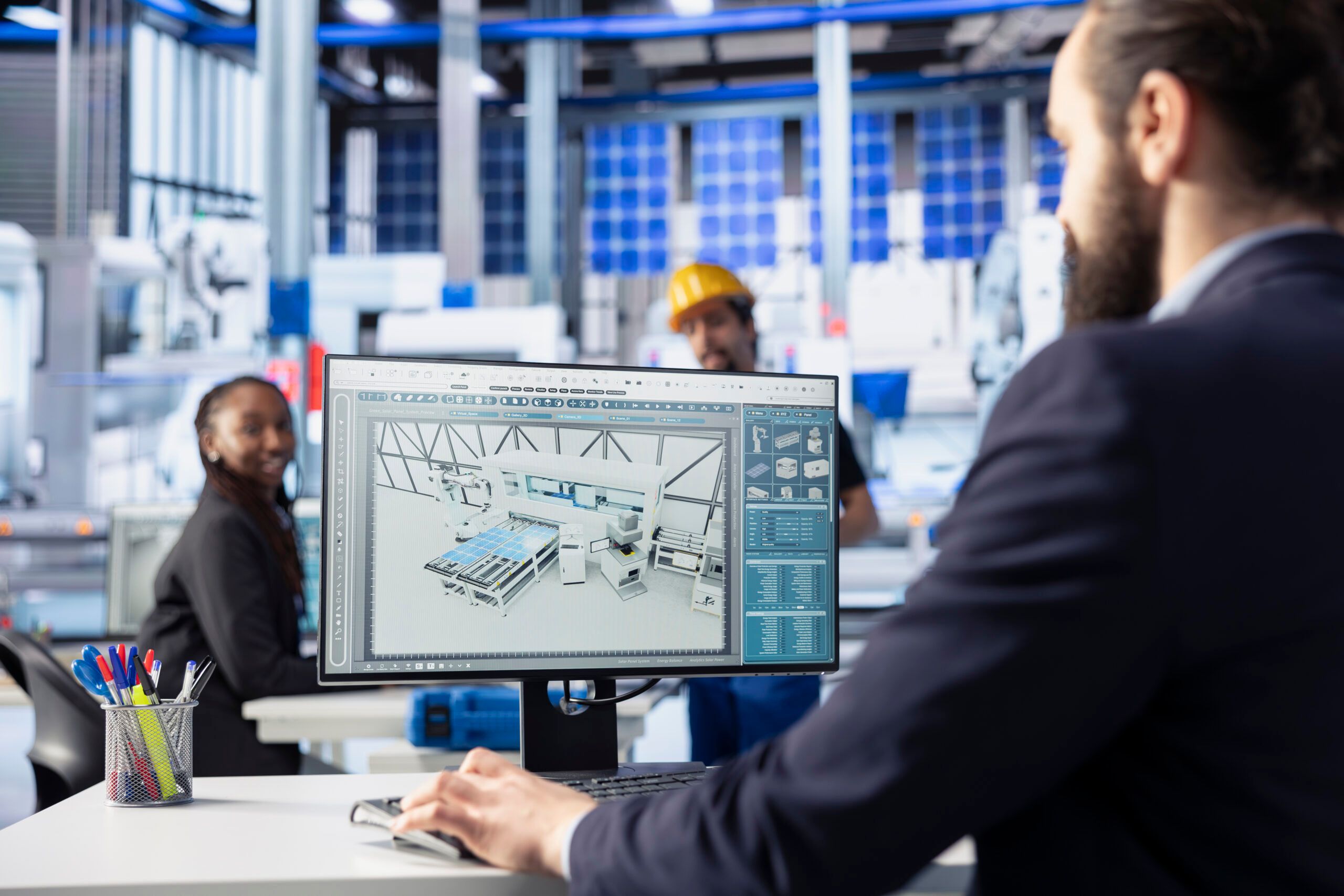 photovoltaics factory engineer conducts simulations of solar panel designs